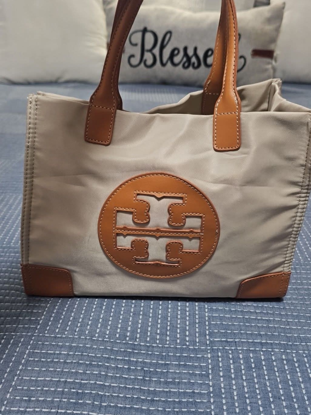 Tory Burch Cream Tote with Tan Leather Trim and Logo